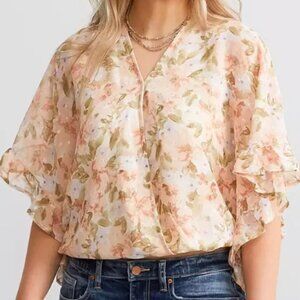 DAYTRIP FOR BUCKLE MS SIZE X-LARGE FLORAL PRINT CHIFFON SWISS DOT BLOUSE